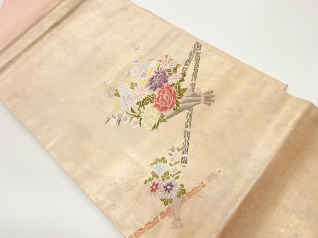 引箔竹に花束・花々模様織出し名古屋帯